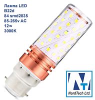 Лампа светодиодная LED B22, 84 SMD 2835, 12 Вт, 85 - 265 В, AC, 3000 К, 31x105 мм